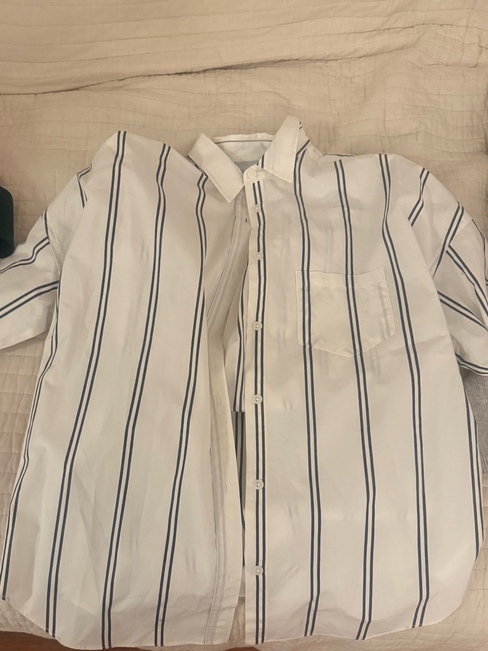 Chiara Ferragni LMND  White Button-Up Shirt with Navy Vertical Stripes Small